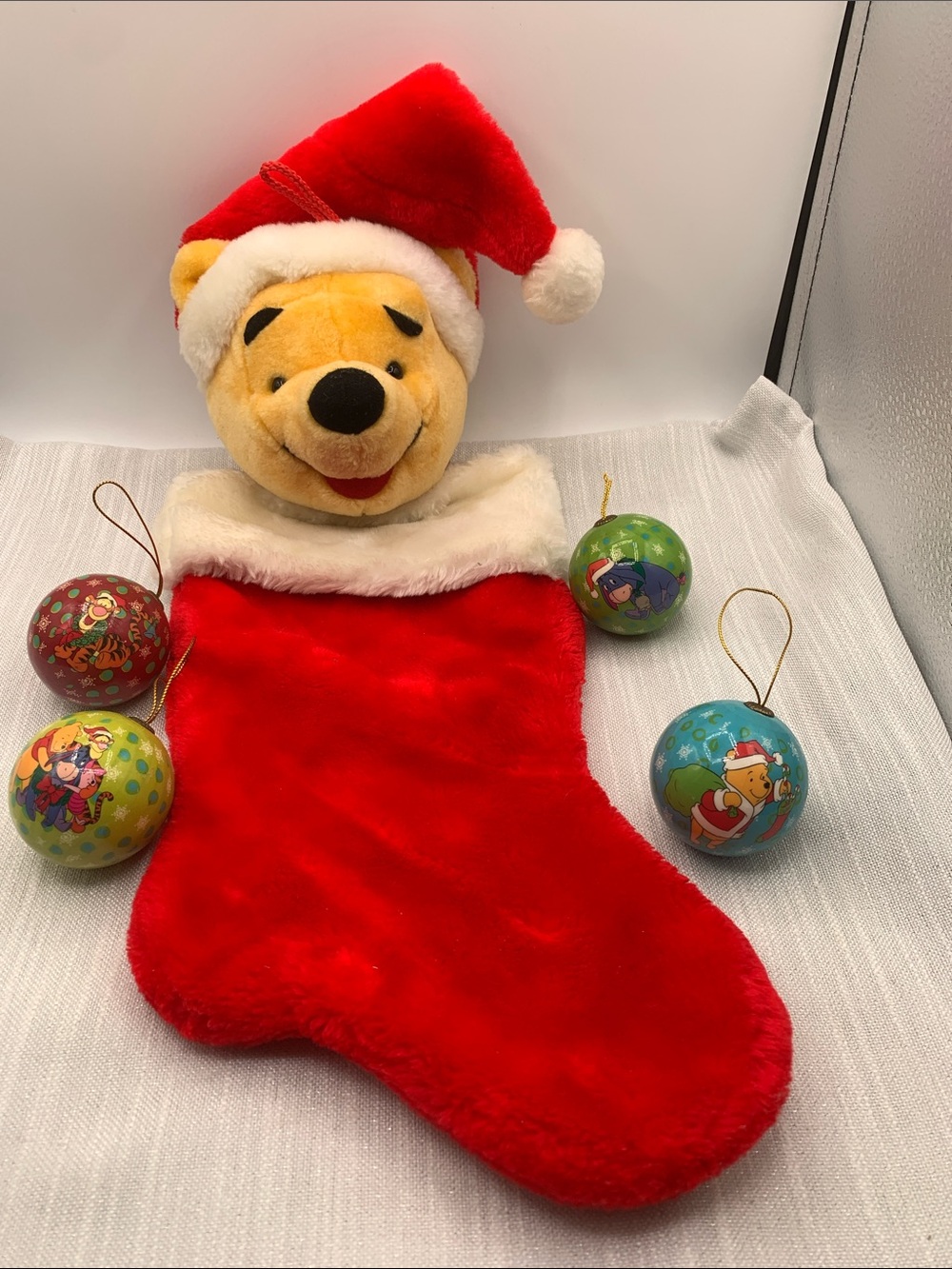 Winnie the Pooh Holiday Stocking and  vintage Winnie the Pooh 4 ornaments